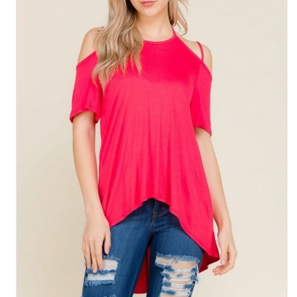 Fuchsia cold shoulder halter neck top - Picture 2 of 4